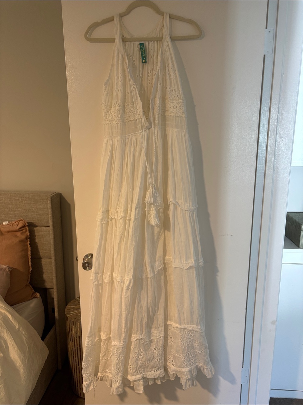 Bohemian White Halter Maxi Dress with Crochet Details